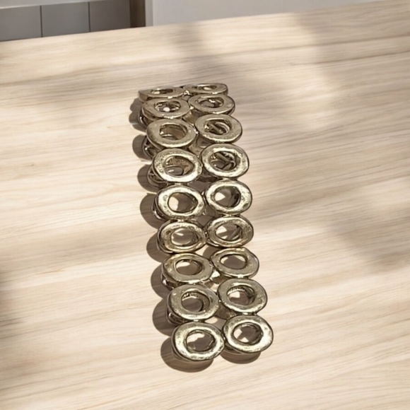 Gold Hammered Oval Stretch Bracelet Minimalist Tiffany Style Stackable Statement - Picture 5 of 16